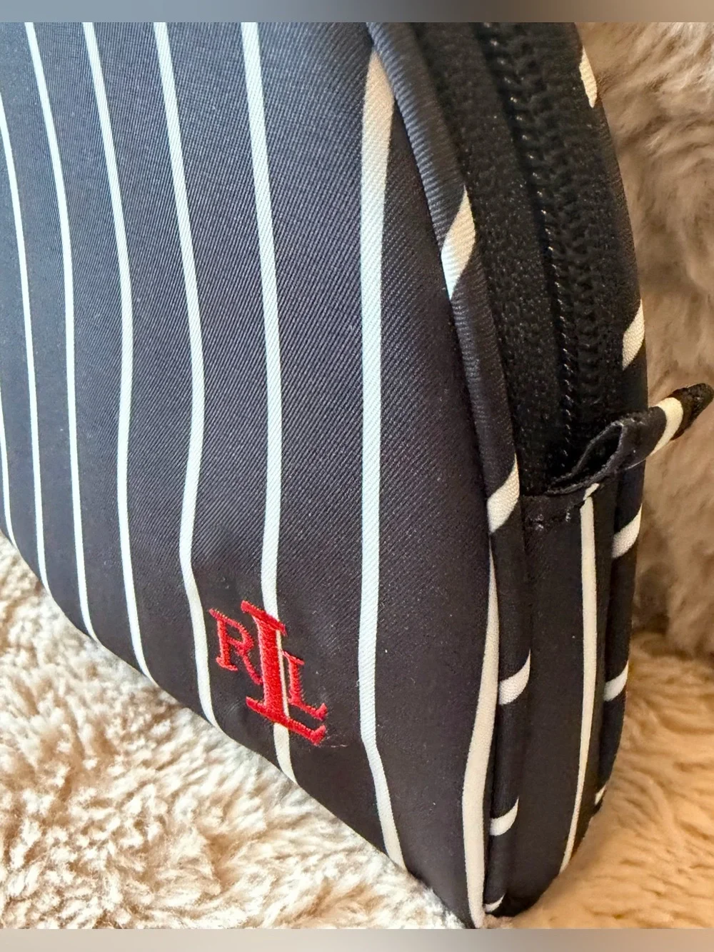 Lauren Ralph Lauren Monogram RLL Striped Cosmetic Makeup Travel Case Pouch